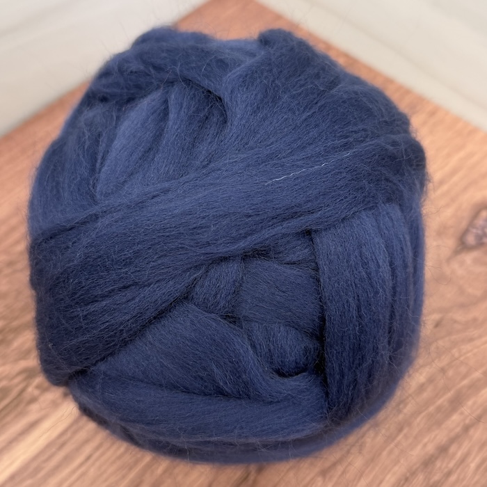 Brown Sheep Dyed Wool Roving 20 Blue Flannel, solid combed top.